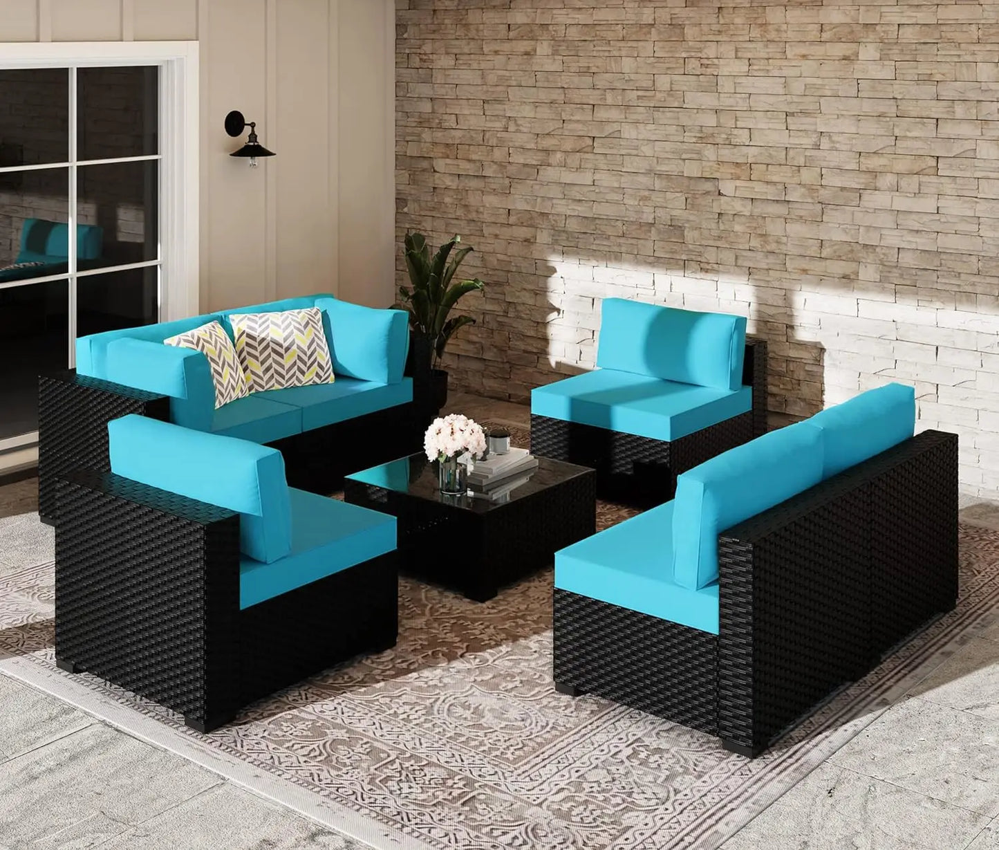 7-8PCS Patio Furniture Sets, High Back All-Weather Sofa with Tea Table & Washable Couch Cushions