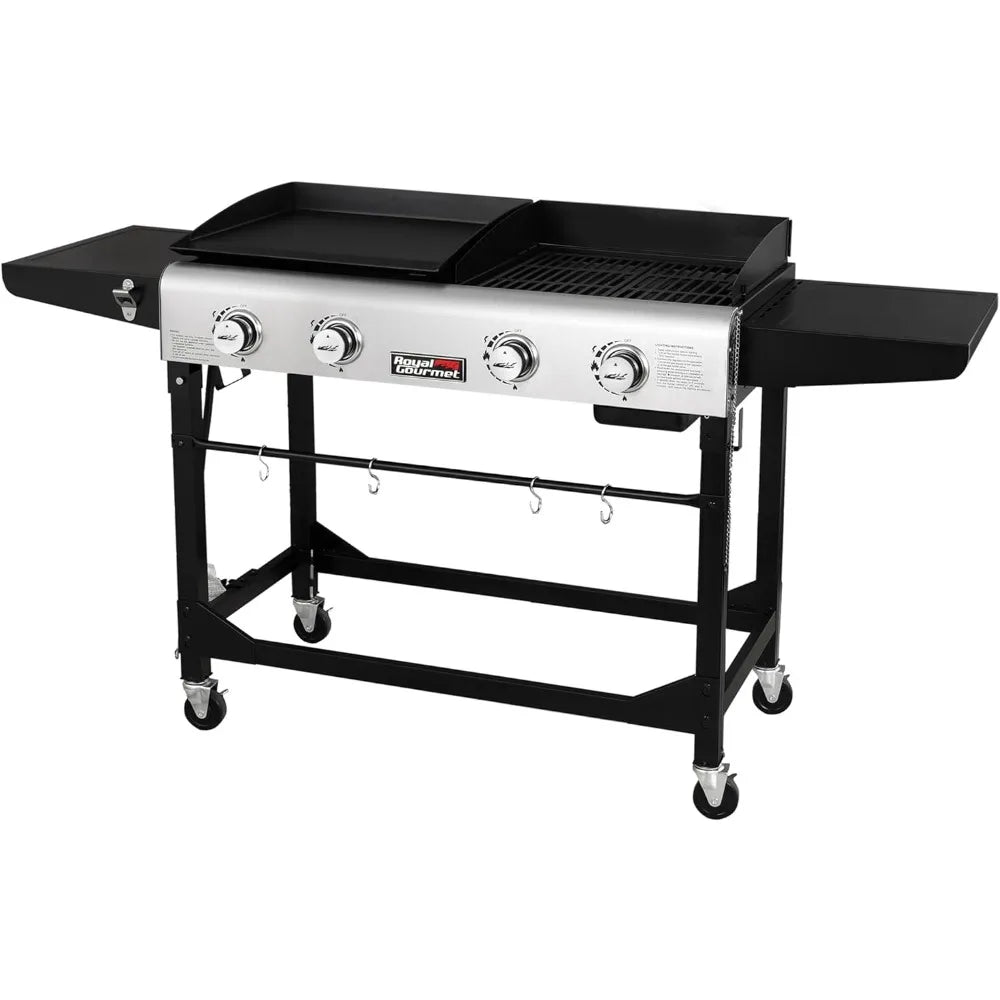 Portable Propane Gas Grill and Griddle Combo With Side Table | 4-Burner Blackdeer Folding Legs