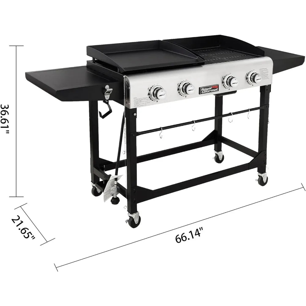 Portable Propane Gas Grill and Griddle Combo With Side Table | 4-Burner Blackdeer Folding Legs