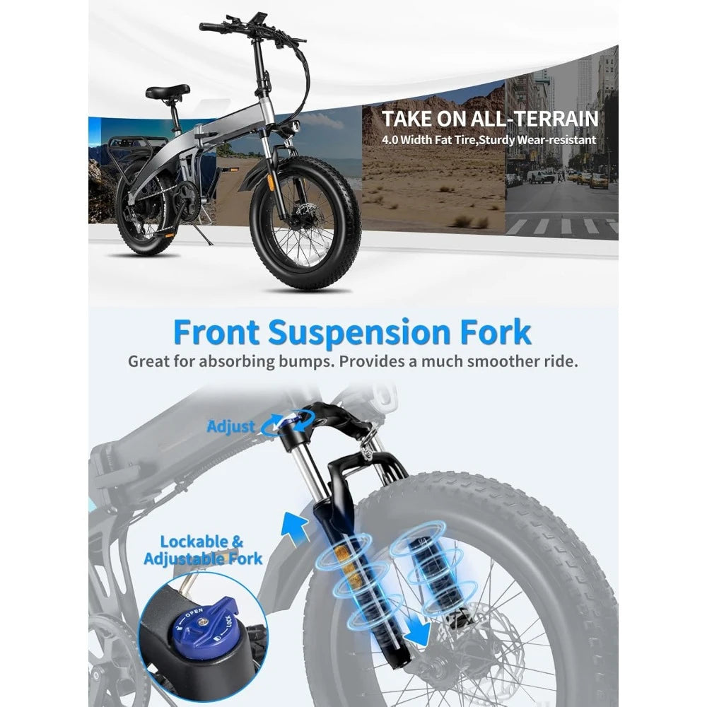 Electric Bike 1200W Peak,720WH Battery 20x 4.0 Fat Tire, Foldable with Anti-Theft Alarm