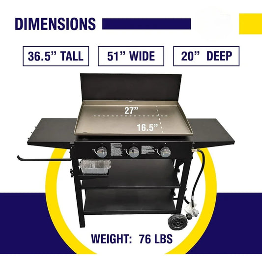 Outdoor Griddle Propane Gas Flat Top - Hood Included, 4 Shelves, Large Cooking Area