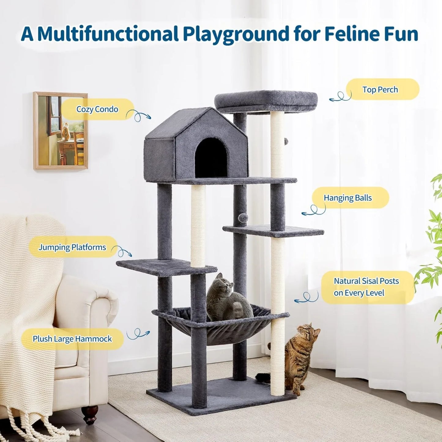 Multi-Level Cat Tree with Plush Hammock, Cozy Cat House, Scratching Posts, Top Perch