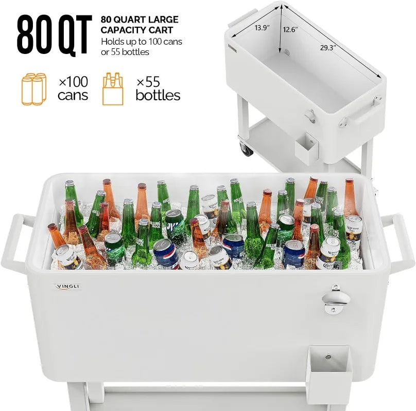 80 Quart Rolling Cart on Wheels, Portable Bar Drink Cooler