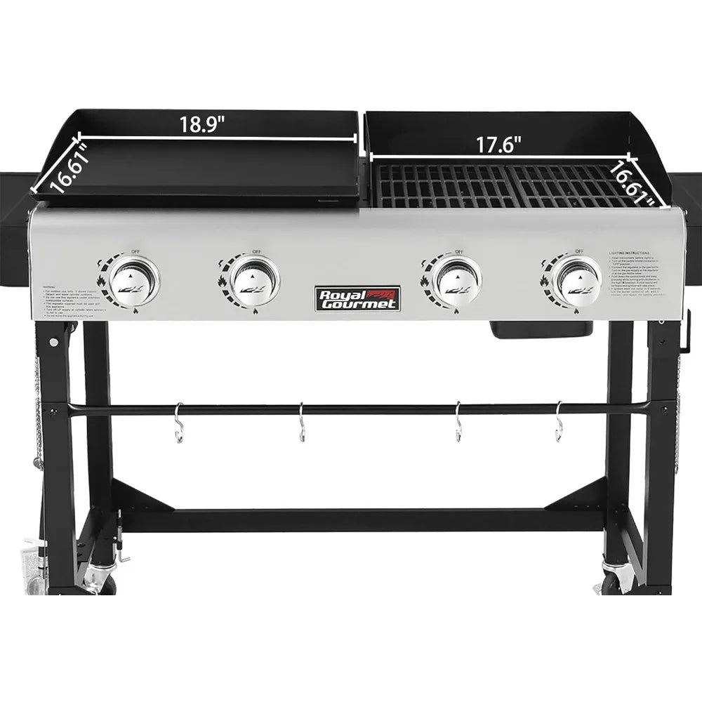 Portable Propane Gas Grill and Griddle Combo With Side Table | 4-Burner Blackdeer Folding Legs