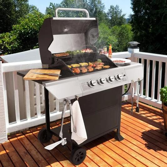 4-Burner BBQ Propane Gas Grill with Stainless Steel Upper Lid