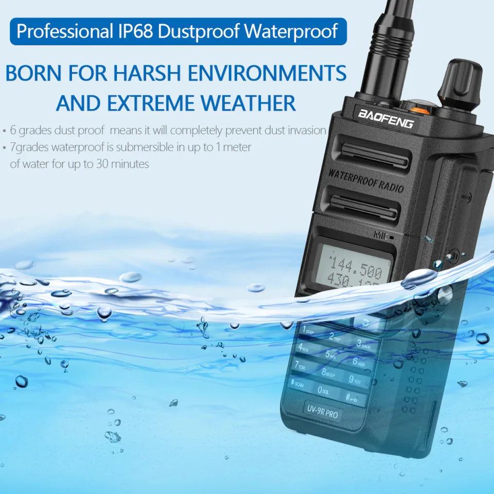 Waterproof Walkie Talkie UHF/VHF 8W Dual Band High Power Long Range Radio + Earpiece