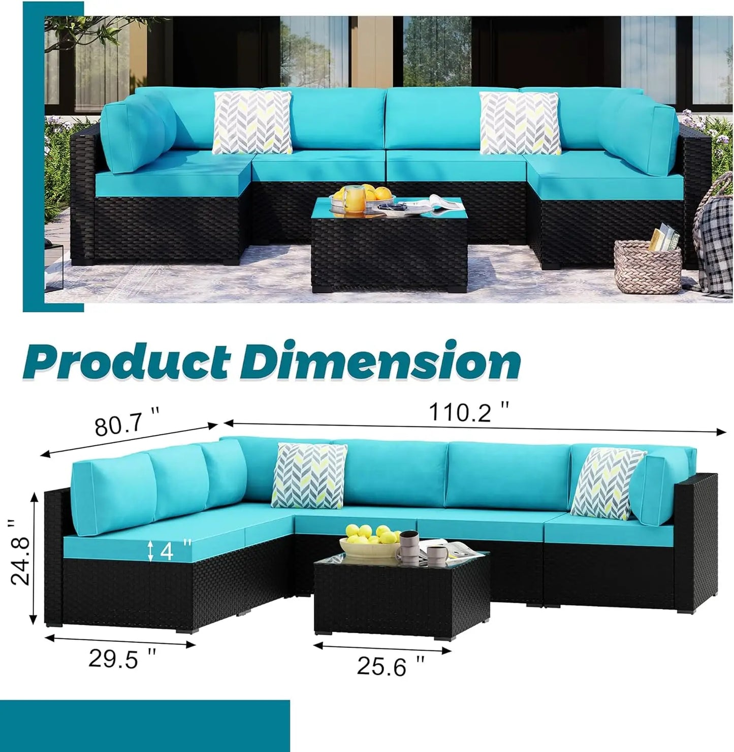 7-8PCS Patio Furniture Sets, High Back All-Weather Sofa with Tea Table & Washable Couch Cushions