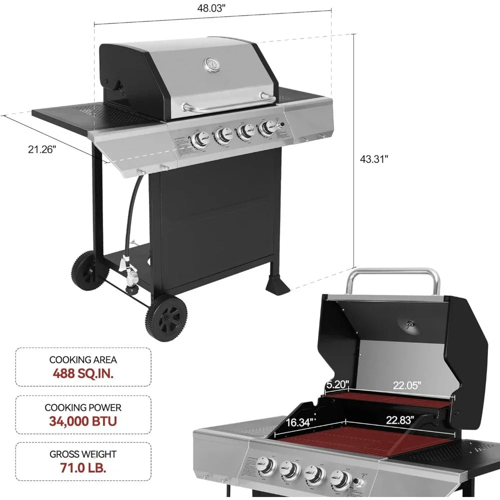 4-Burner BBQ Propane Gas Grill with Stainless Steel Upper Lid