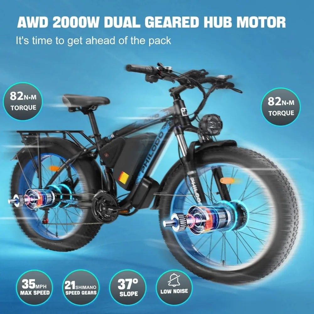 Electric Bike for Adults, 48V 23Ah Fat Tire Dual Motor AWD 2000W 35MPH 21-Speed