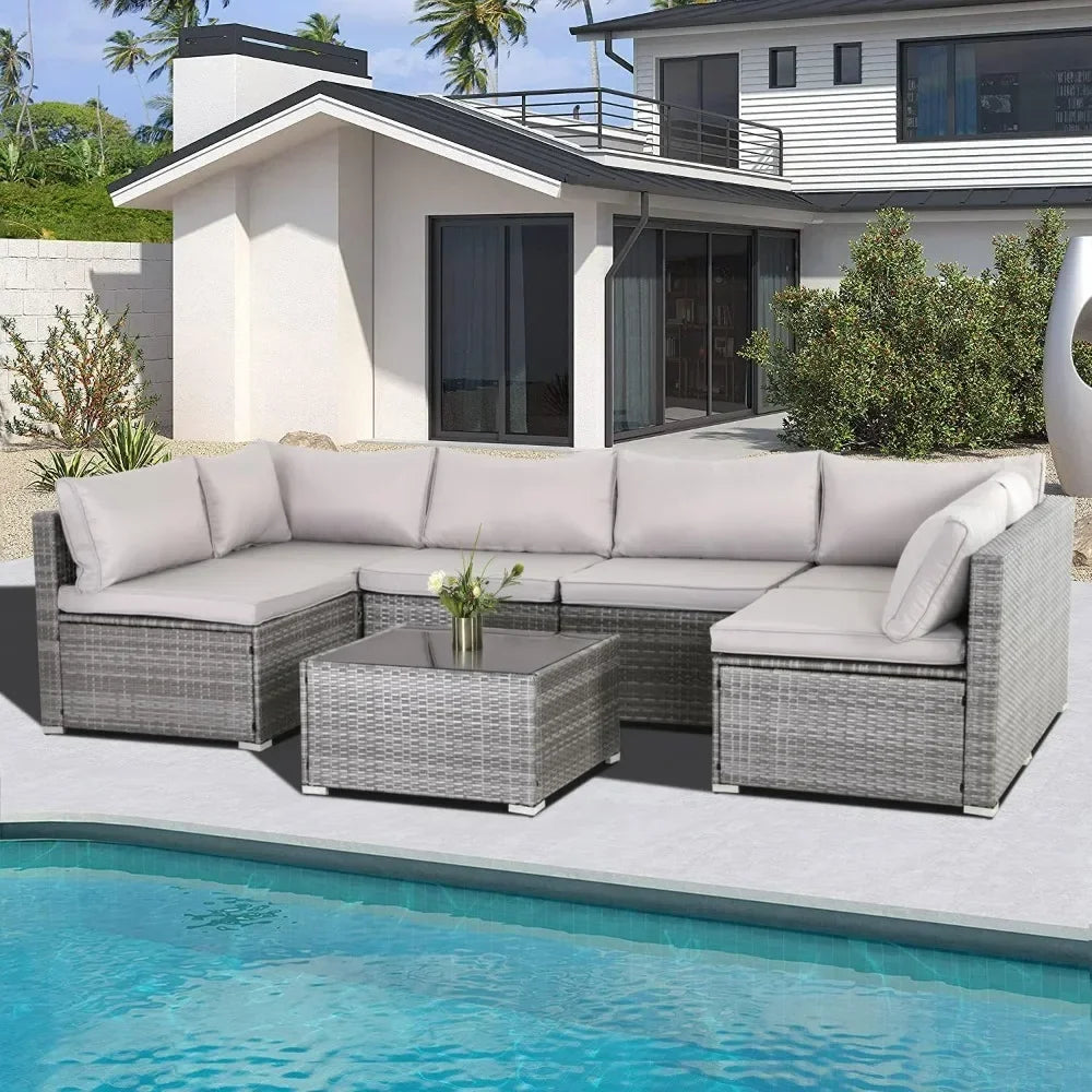 7/8 Pieces Patio Furniture Set, Modular Patio Set Wicker Outdoor Sectional Sofa