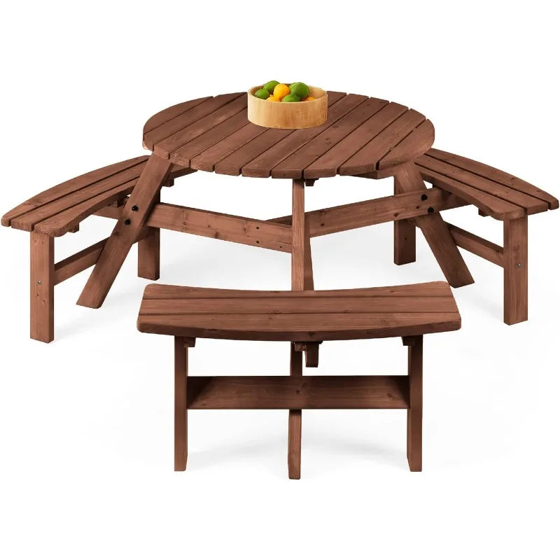 6-Person Circular Outdoor Wooden Picnic Table DIY w/ 3 Built-in Benches