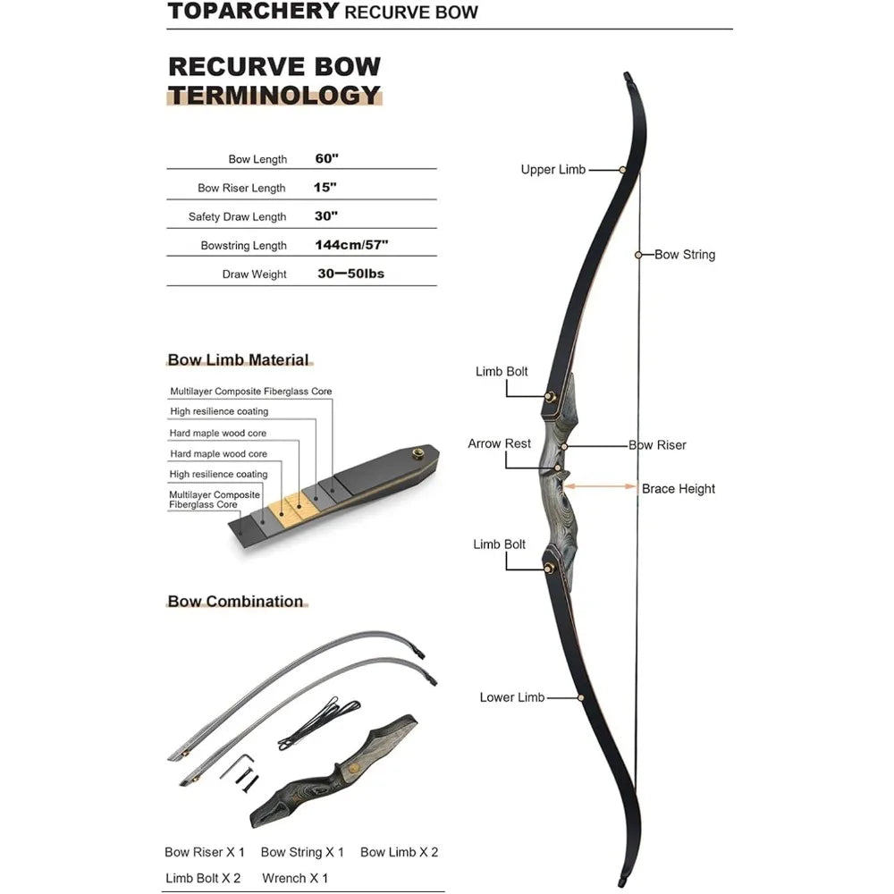 60'' Archery Recurve Bow Takedown Competition Survival Longbow