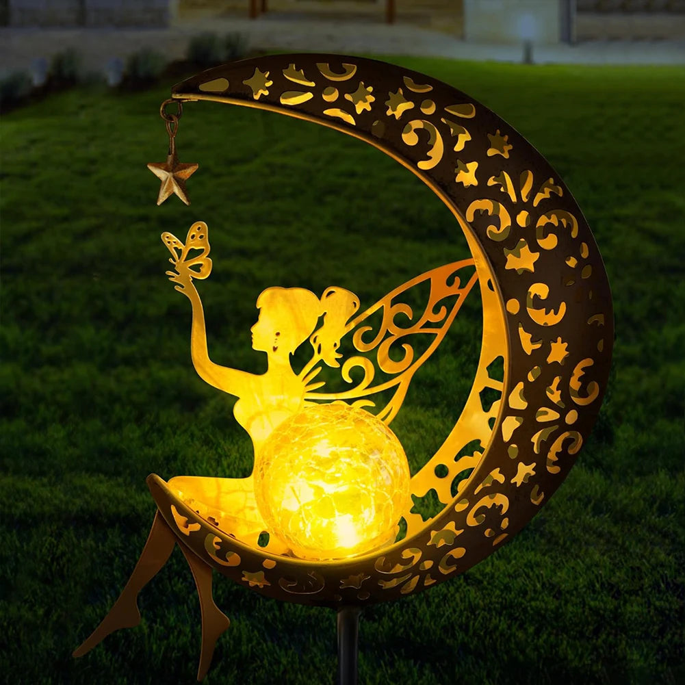 Solar Garden Statues Outdoor Decor Iron Art Crackle Glass Globe with Metal Angle Stake