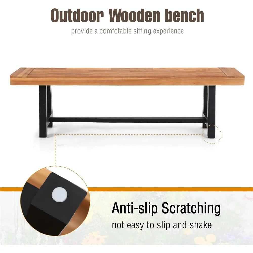 Outdoor Patio Bench Long Rectangular Acacia Wood Dining Picnic Furniture