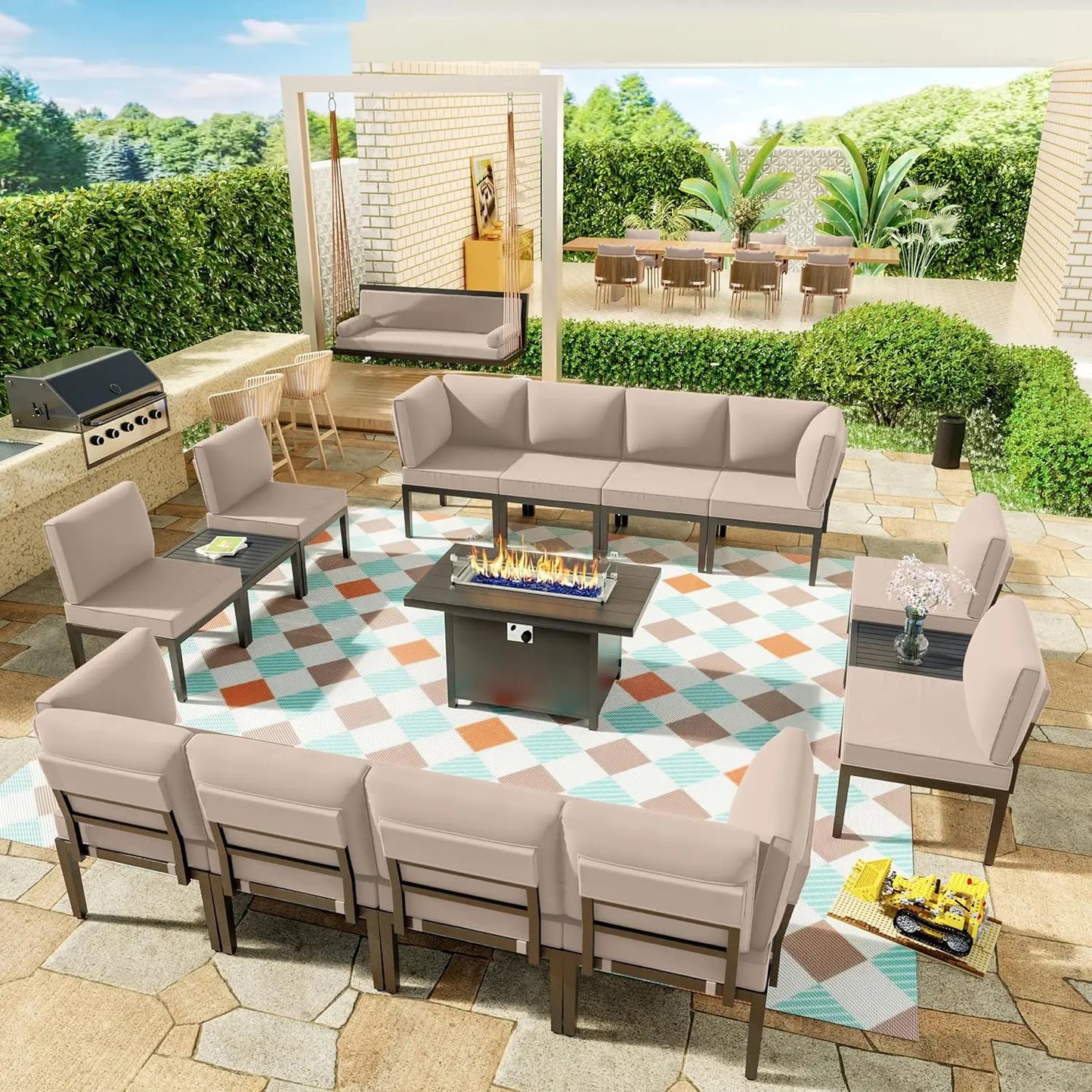 15 Pieces Metal Patio Furniture Set with Propane Fire Pit Table ,w/55000 BTU w/5.1'' Sponge Cushions