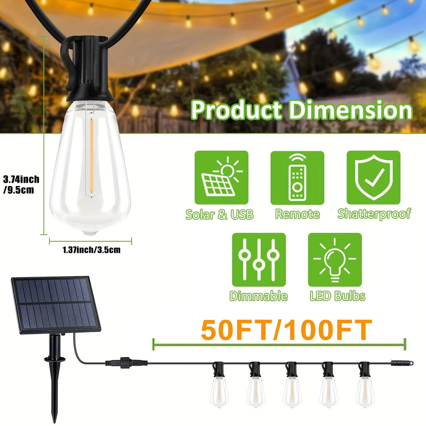 50/100FT Remote Dimmable Solar String Hanging Lights