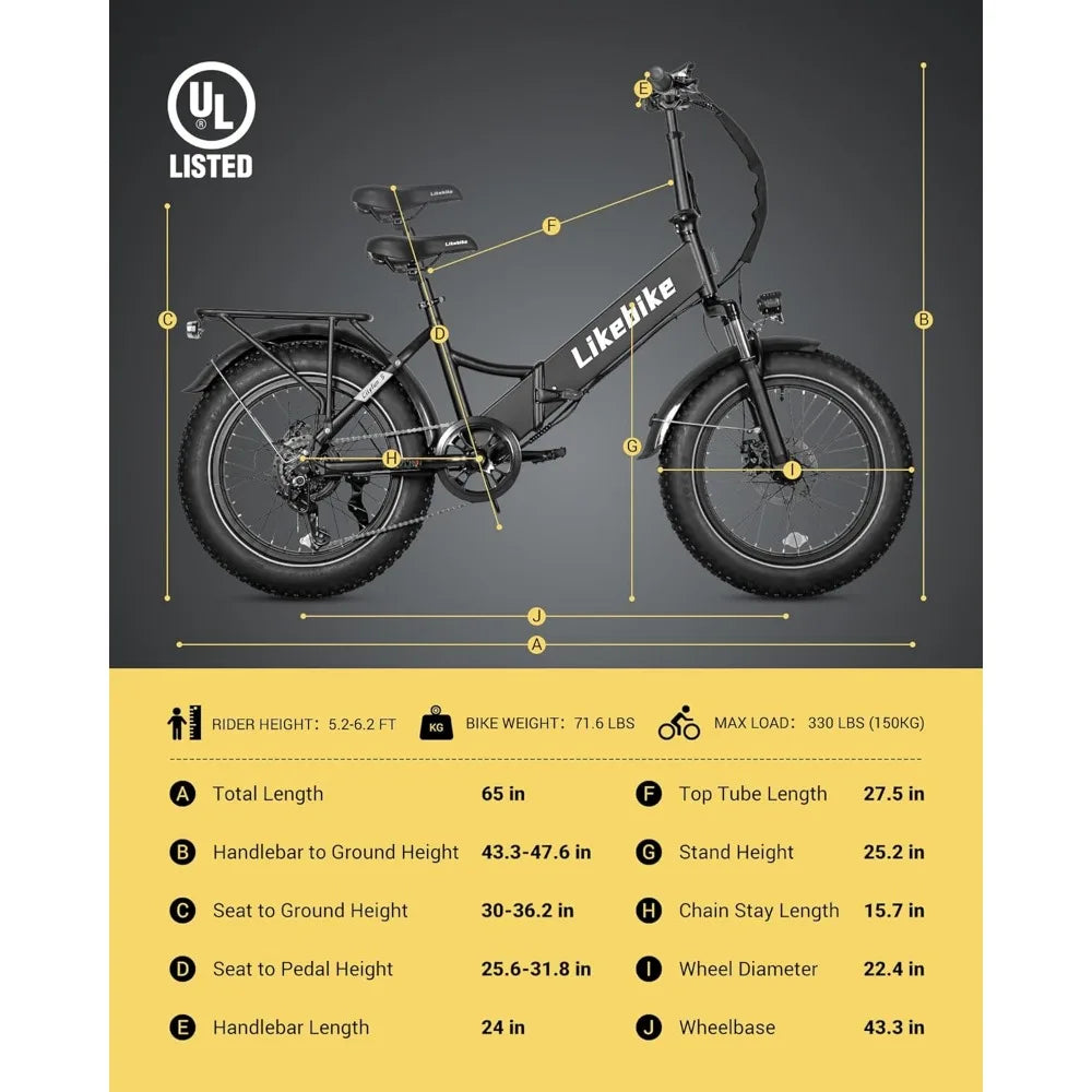 Electric Bike 20'' Fat Tire Folding E-bike with Removable Battery