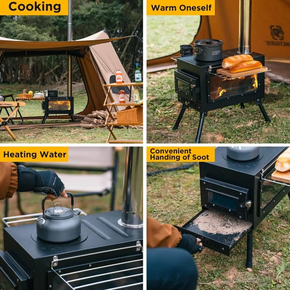 Portable Wood Burning Stove With Chimney Pipe for Tent Shelter Camping And Cooking Camp Supplies