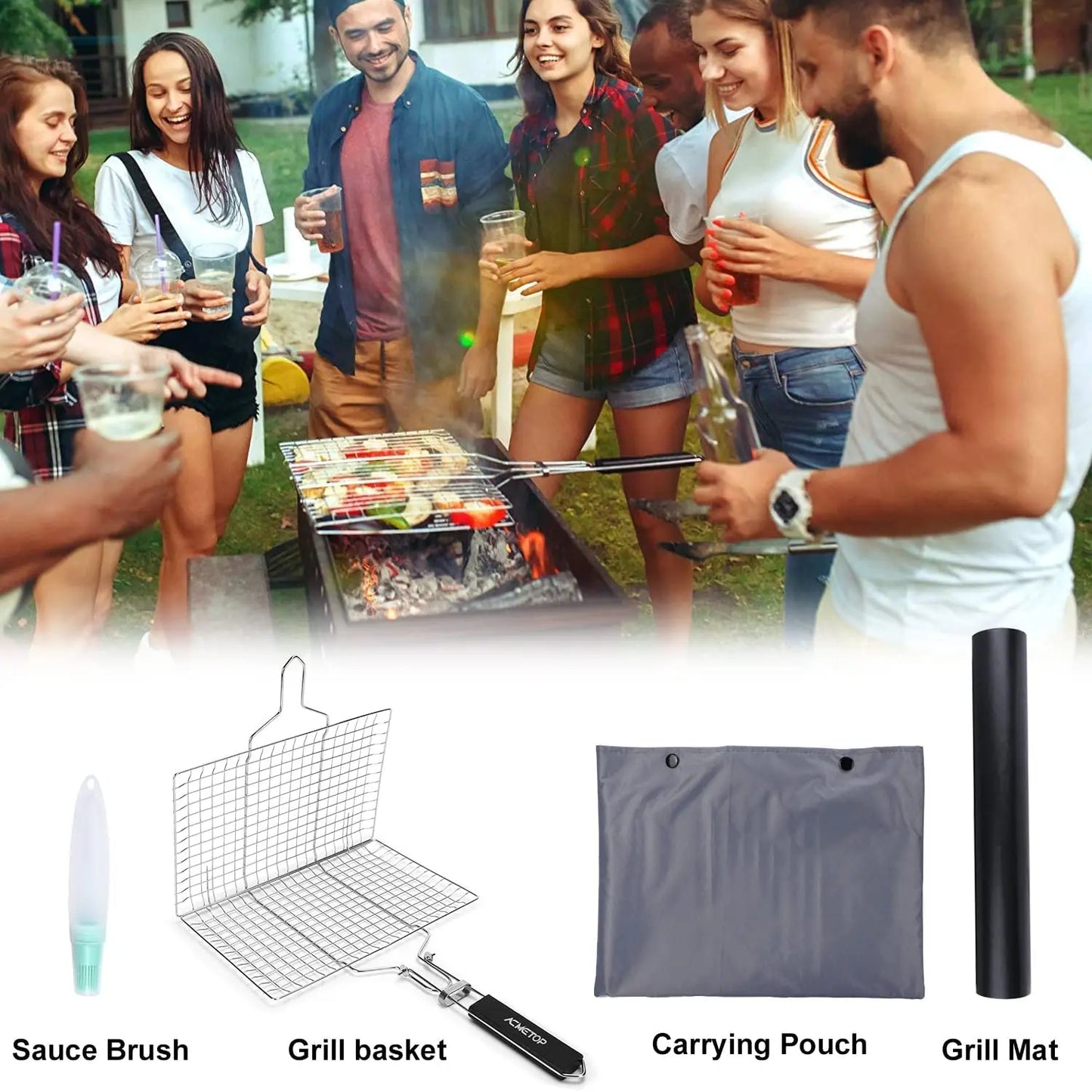 Portable BBQ Grill Basket Stainless Steel with Removable Handle