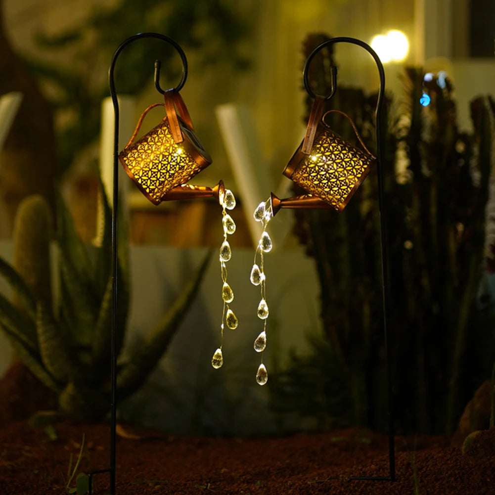 Solar Powered LED Watering Can Light Outdoor Decorative Kettle Art Fairy String Lights