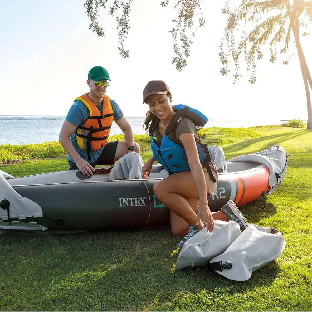 Inflatable Vinyl Kayak and Accessory Kit with 86 Inch Oars, Air Pump, and Carry Bag