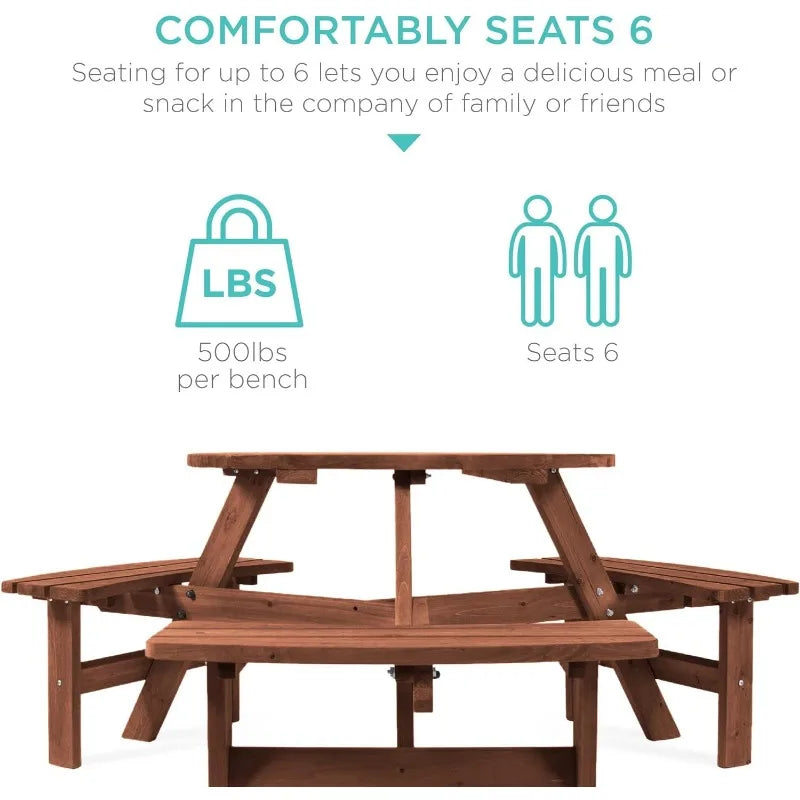 6-Person Circular Outdoor Wooden Picnic Table DIY w/ 3 Built-in Benches