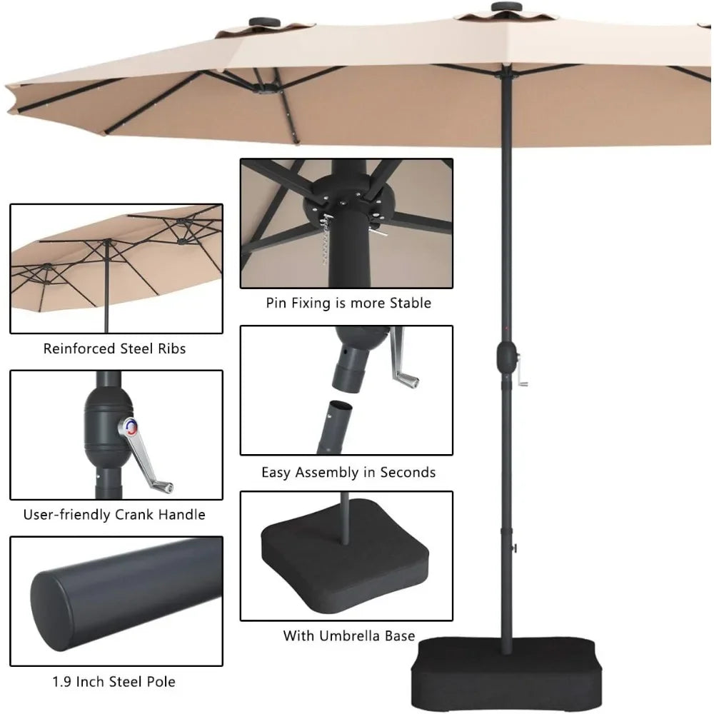 15ft Reversible Parasol with Base and Double Umbrella with 36 Solar Lights