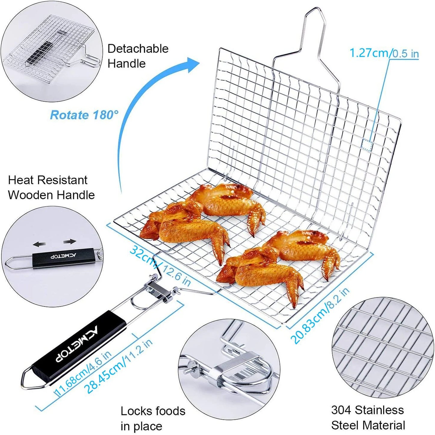 Portable BBQ Grill Basket Stainless Steel with Removable Handle