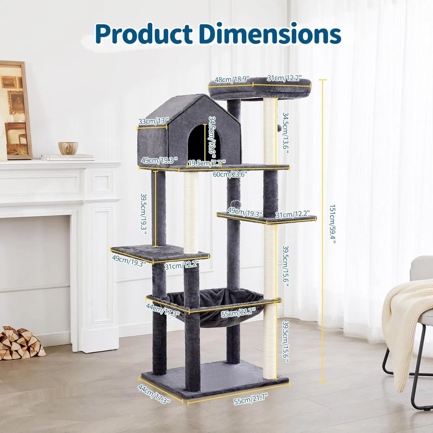 Multi-Level Cat Tree with Plush Hammock, Cozy Cat House, Scratching Posts, Top Perch