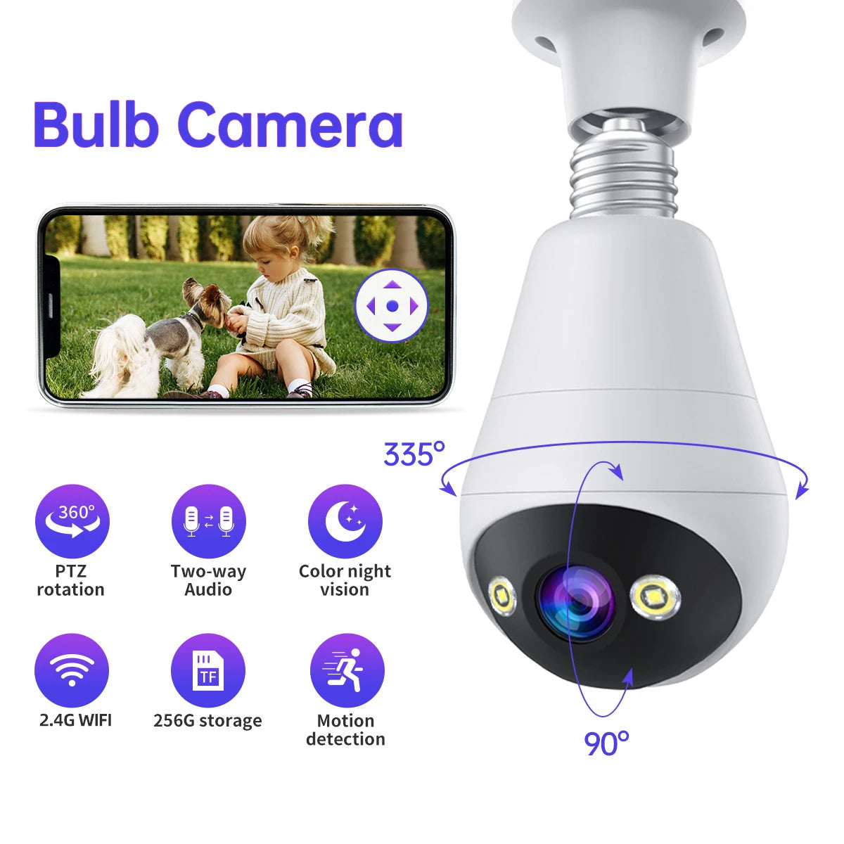 Wifi E27 Bulb Surveillance Camera Smart Home AI Tracking Security