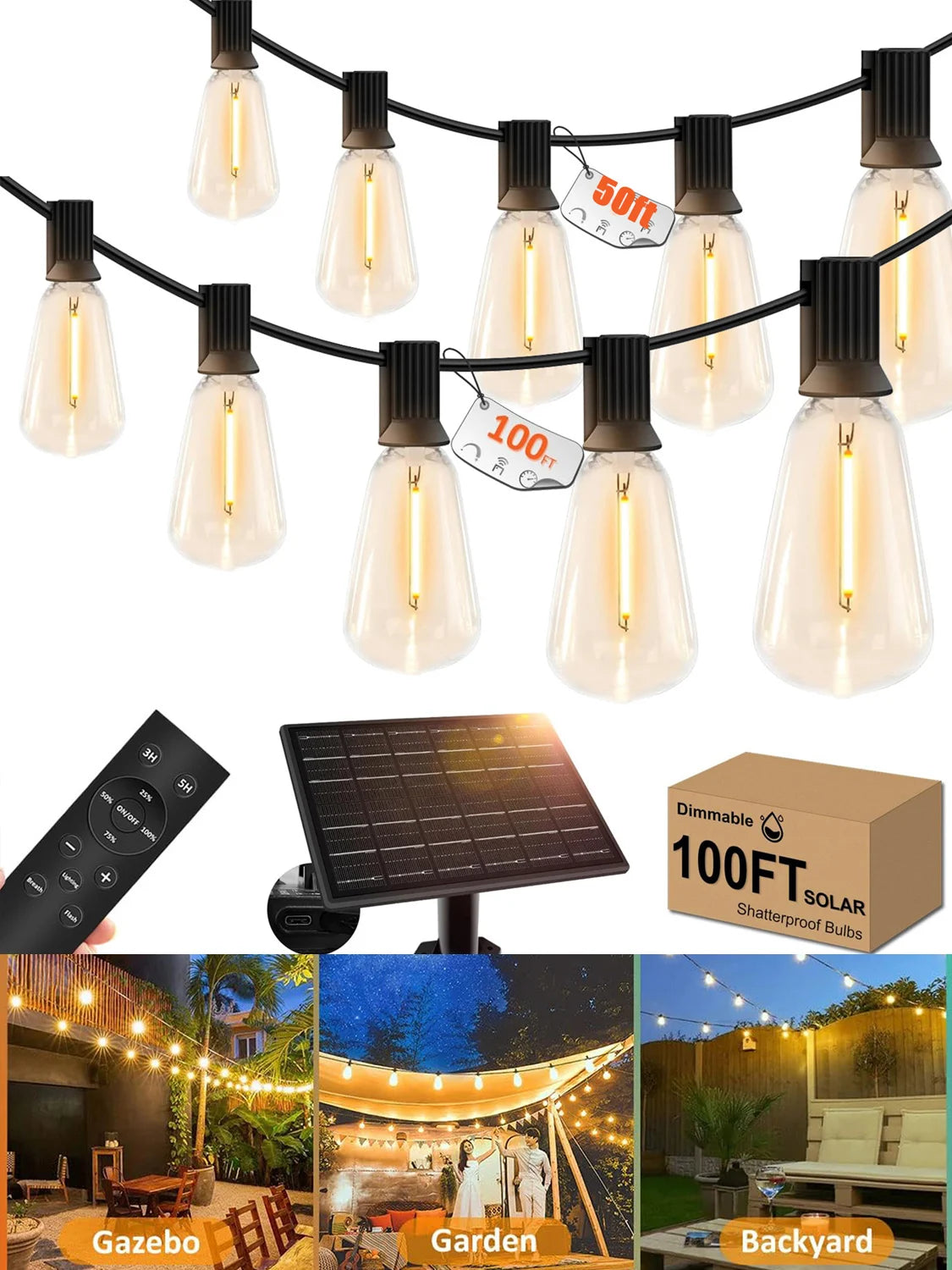 50/100FT Remote Dimmable Solar String Hanging Lights