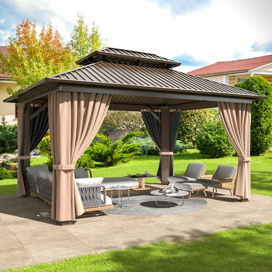 10x12 FT Hardtop Gazebo with Aluminum Frame, Galvanized Steel Double Roof Gazebo