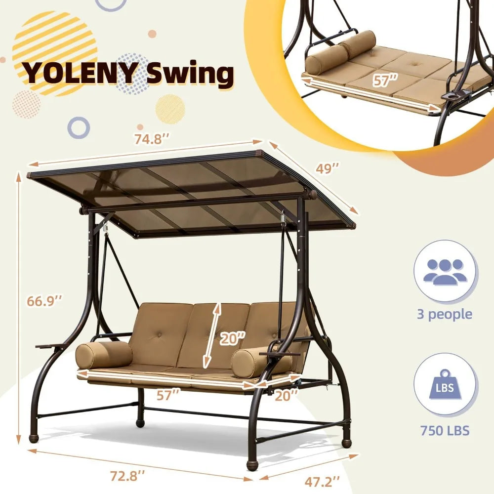 Outdoor Patio Swing with Hardtop, 3 Person with 2 Side Cup Holder, Convertible Backrest