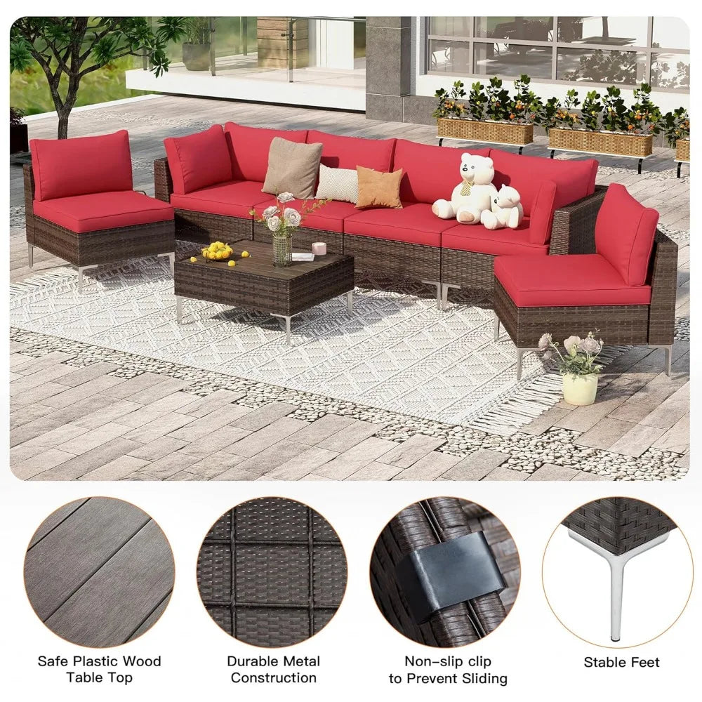 7 Pieces Outdoor Sectional Sofa Wicker Patio Set, w/Wood Plastic Composites Table