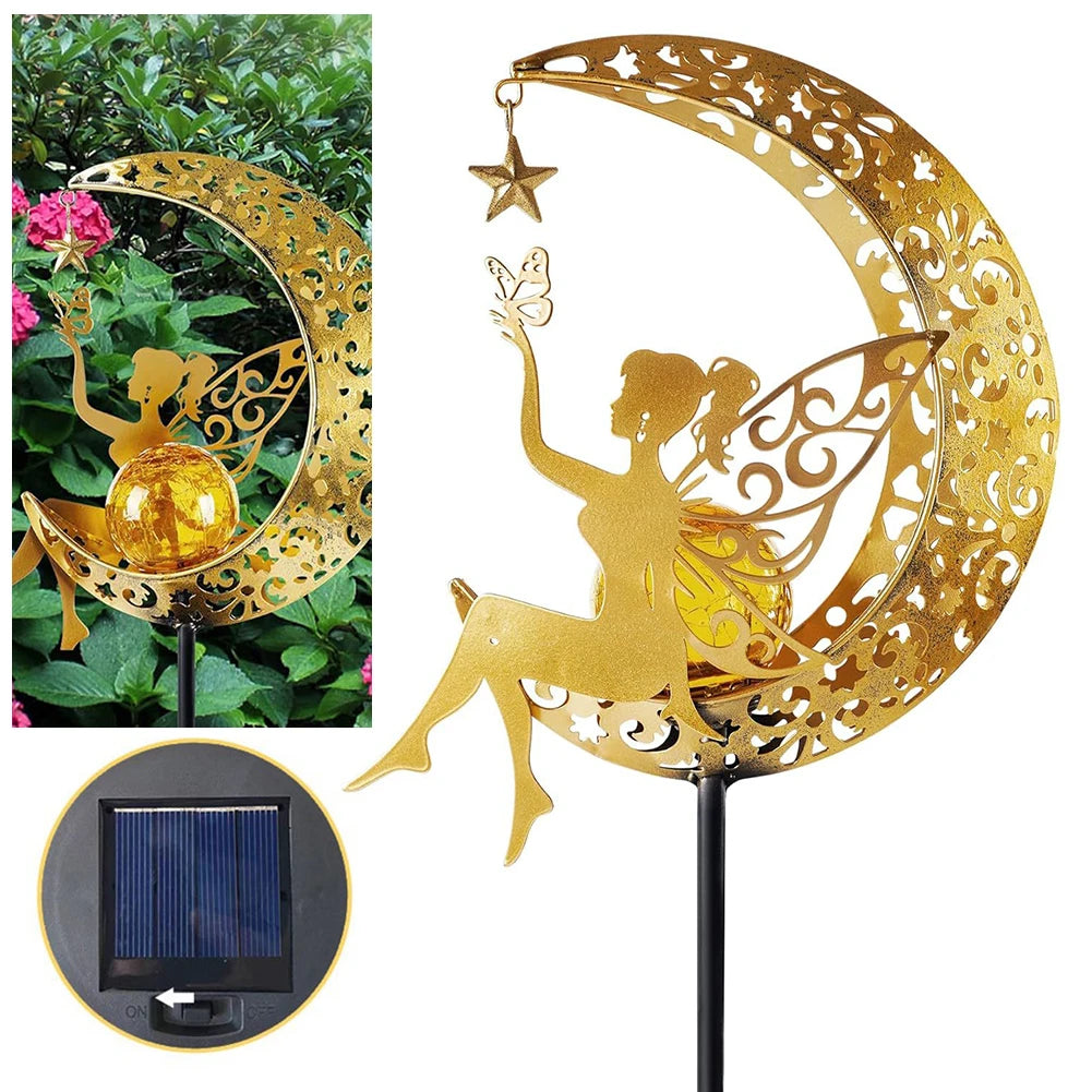 Solar Garden Statues Outdoor Decor Iron Art Crackle Glass Globe with Metal Angle Stake