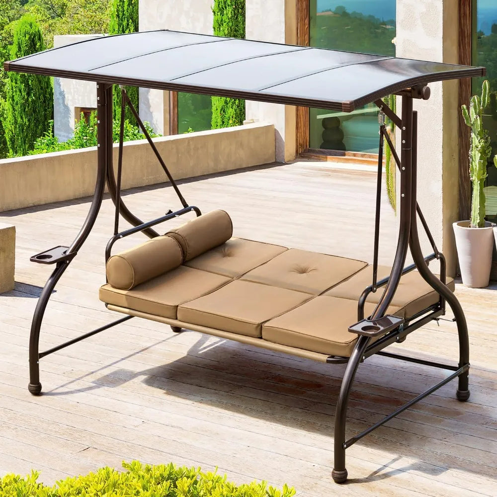 Outdoor Patio Swing with Hardtop, 3 Person with 2 Side Cup Holder, Convertible Backrest