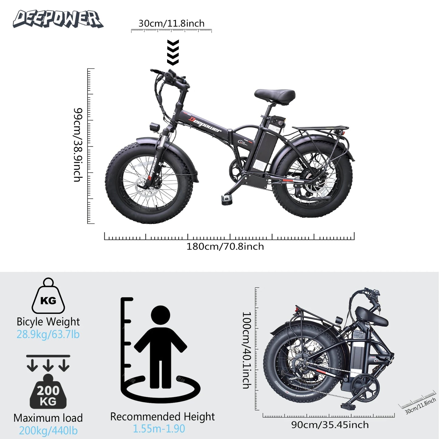 DEEPOWER G20Pro 1000W Folding Electric Bicycle 1000W 48V 25AH Fat Tire