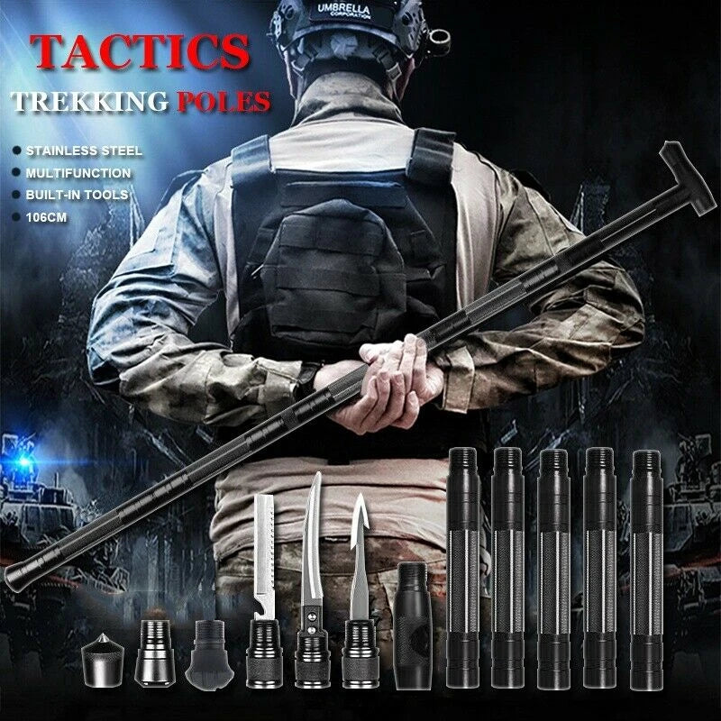 Tactical Trekking Poles Multi Tool Kit Walking Cane Survival Hunting Self Defense