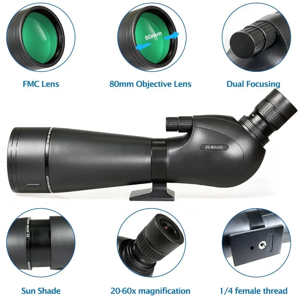 Spotting Scope 20-60x 80mm with Tripod and Smartphone Adapter