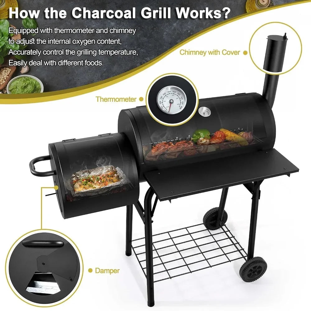 Charcoal Grill with Offset Smoker, with Side Fire Box, Thick Iron Steel & Dual Chamber