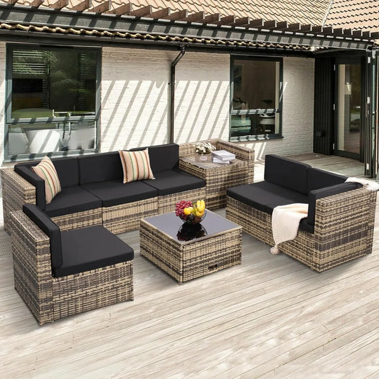 8 Piece Outdoor Wicker Patio Furniture Sectional Set, Glass Tabletop with Hidden Storage