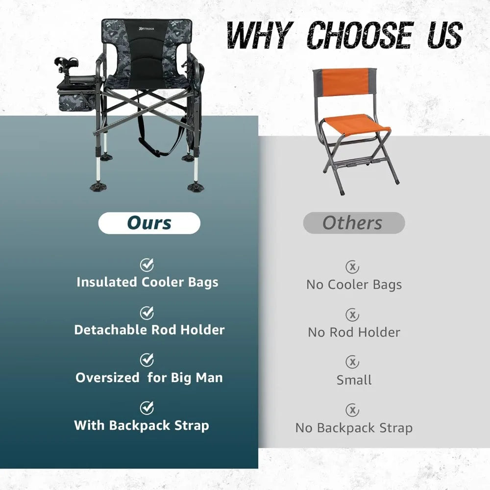 Folding Fishing Chair with Rod Holder & LEG Adjustable with Cooler Bag