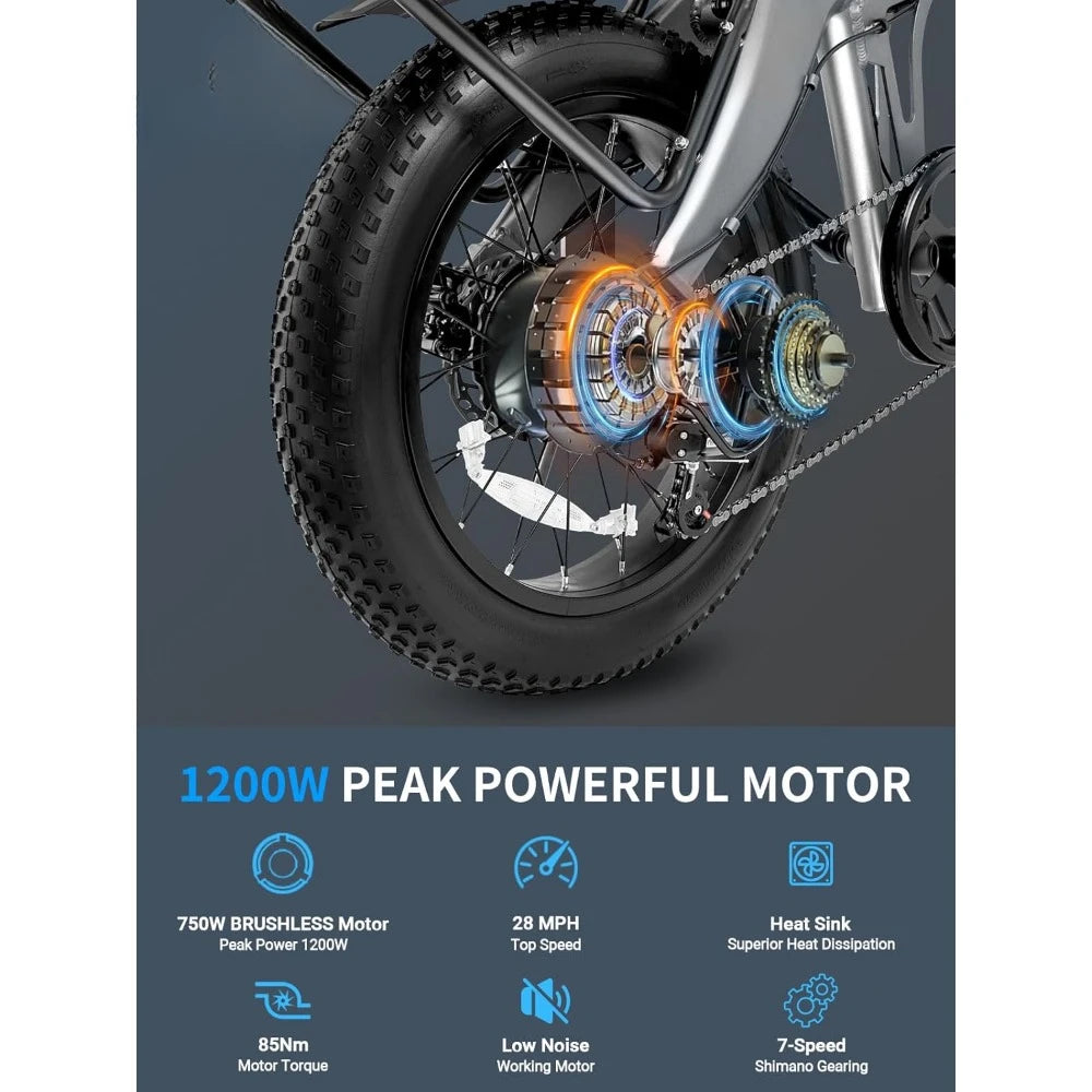 Electric Bike 1200W Peak,720WH Battery 20x 4.0 Fat Tire, Foldable with Anti-Theft Alarm