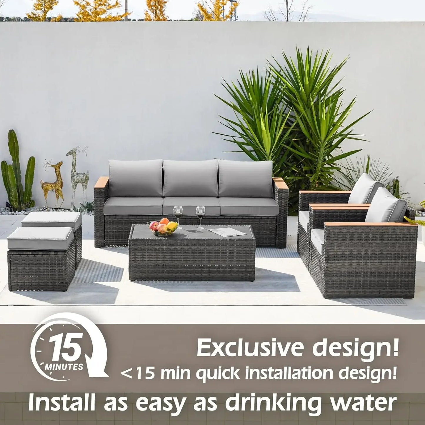 Exclusive Quick Install Patio Furniture Set w/Ottoman, Durable Wicker