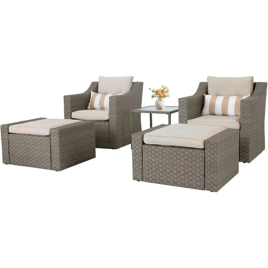 Grey Wicker Lounge Chair with Ottoman Footrest, W/Coffee Table & Cushions