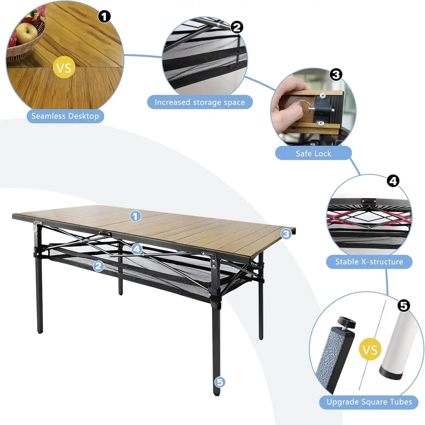 Large Folding Camping Table Aluminum with Storage for 4-6 People