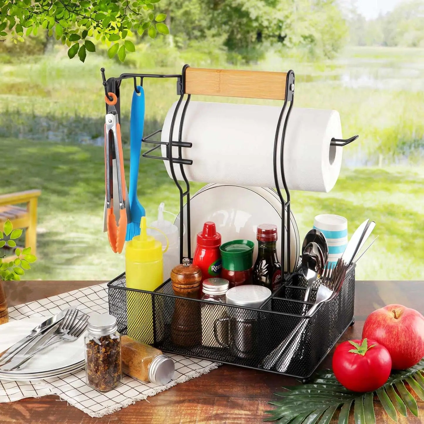 Caddy with Paper Towel Holder, Picnic Condiment Utensil Caddy , Barbecue Accessories