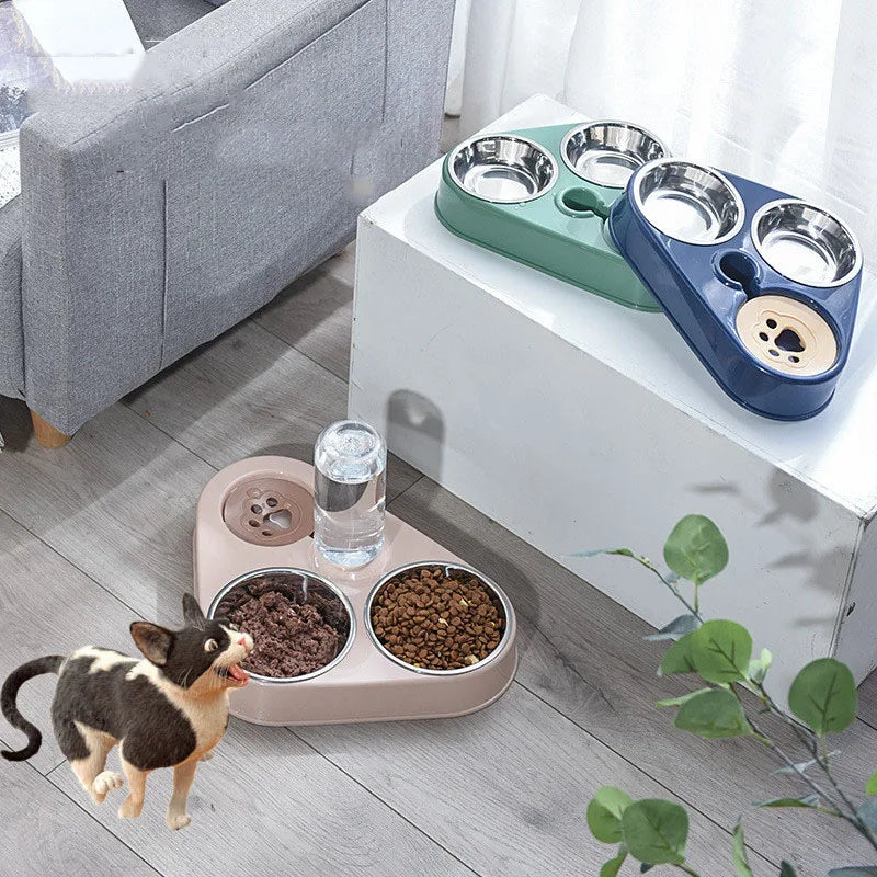 Pet Dog Cat Food Bowl with Bottle Automatic Drinking Feeder Fountain Durable Stainless Steel