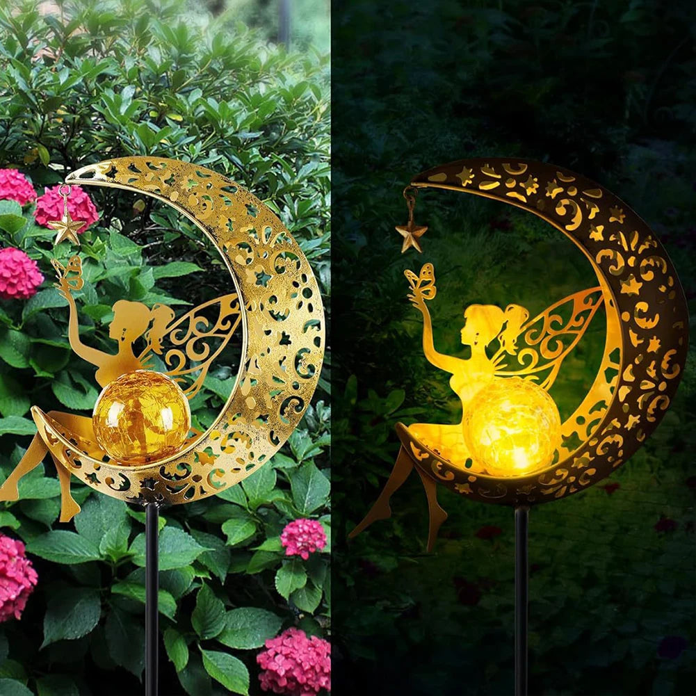 Solar Garden Statues Outdoor Decor Iron Art Crackle Glass Globe with Metal Angle Stake