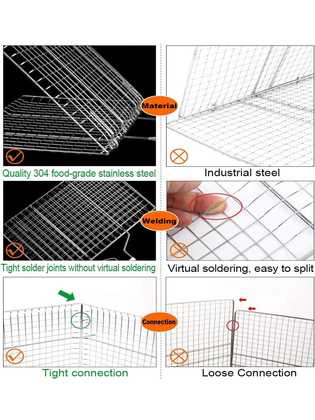 Portable BBQ Grill Basket Stainless Steel with Removable Handle